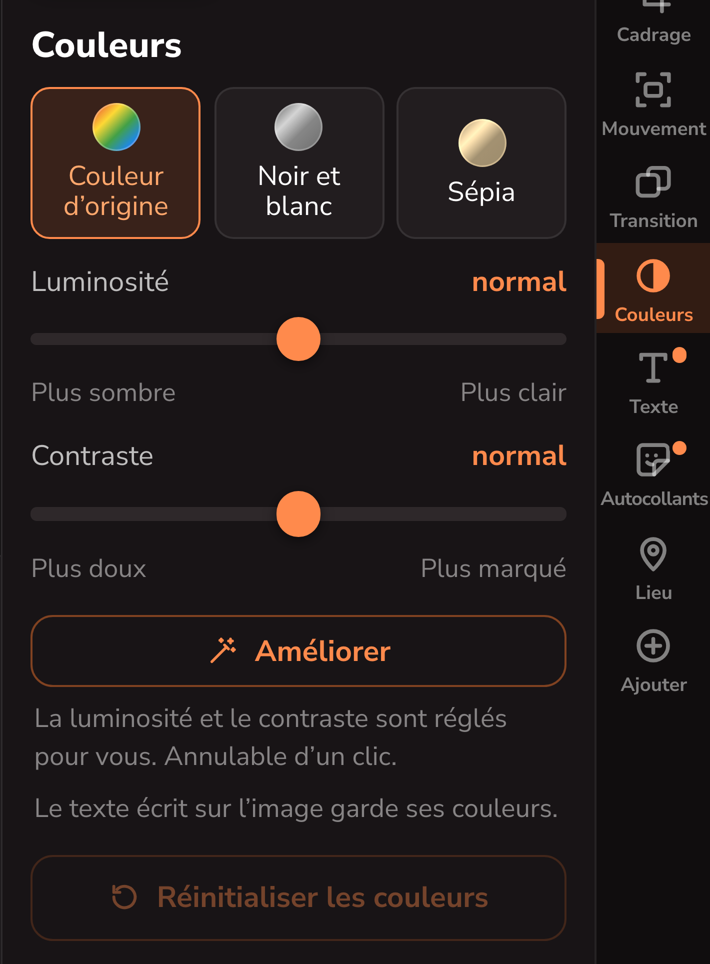 Le panneau Couleurs du logiciel : origine, noir et blanc, sépia, luminosité et contraste