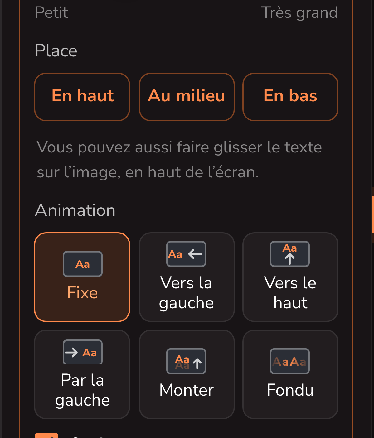 Le choix de l'animation du texte dans le logiciel : Fixe, Vers la gauche, Vers le haut, Par la gauche, Monter, Fondu